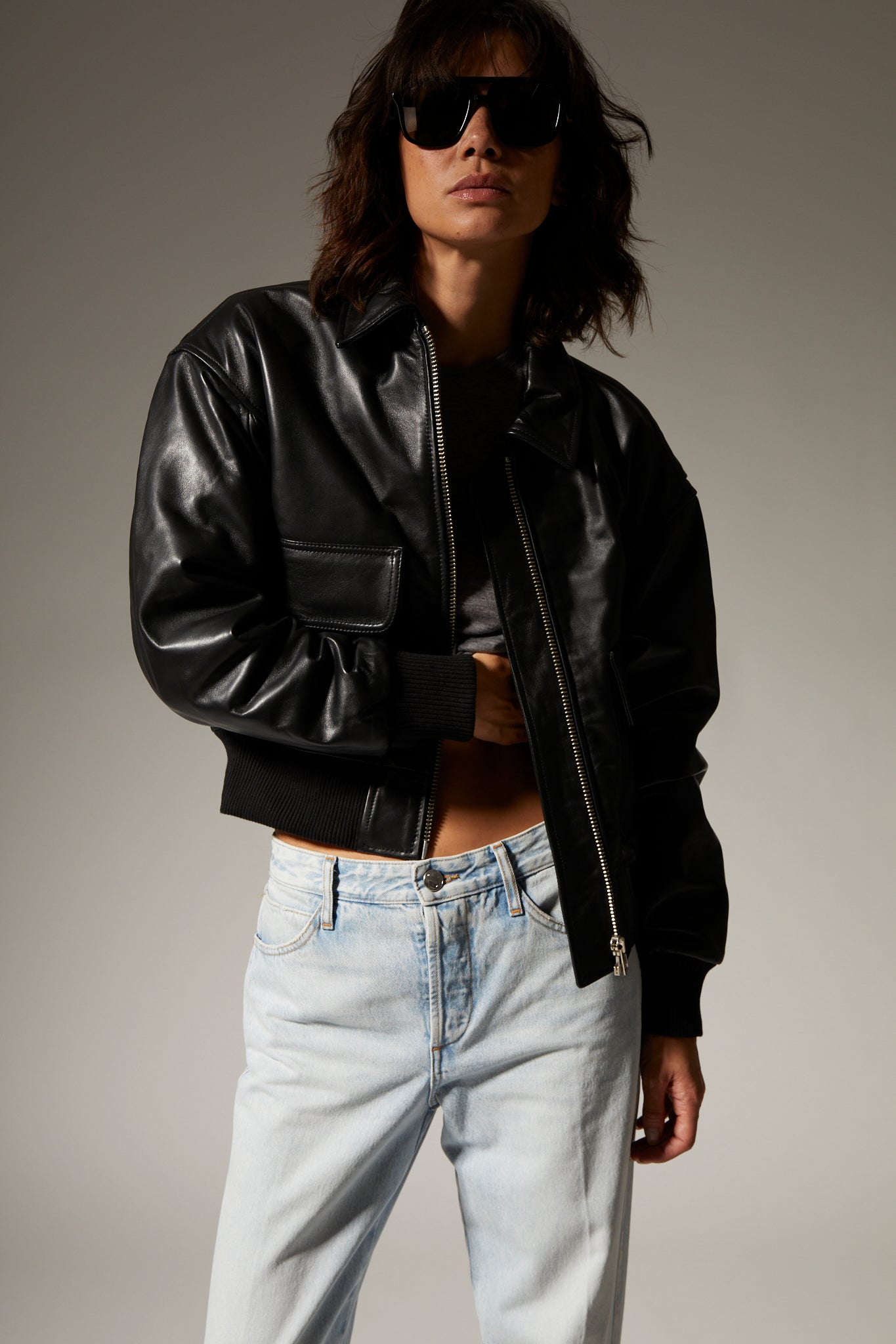 Black Leather Cropped Aviator Bomber