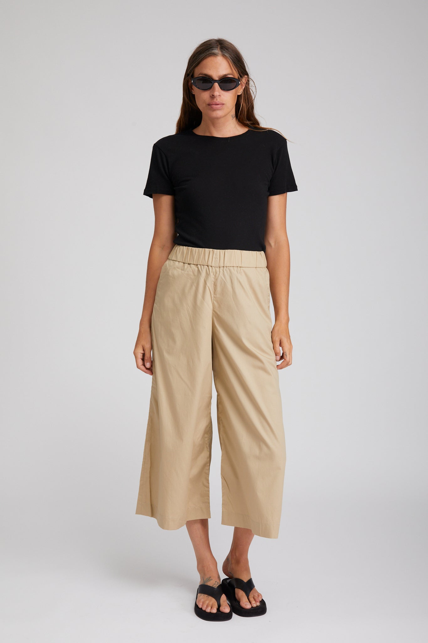 Beige Cotton Poplin Culotte Pants
