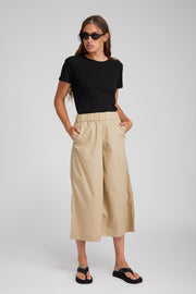 Beige Cotton Poplin Culotte Pants