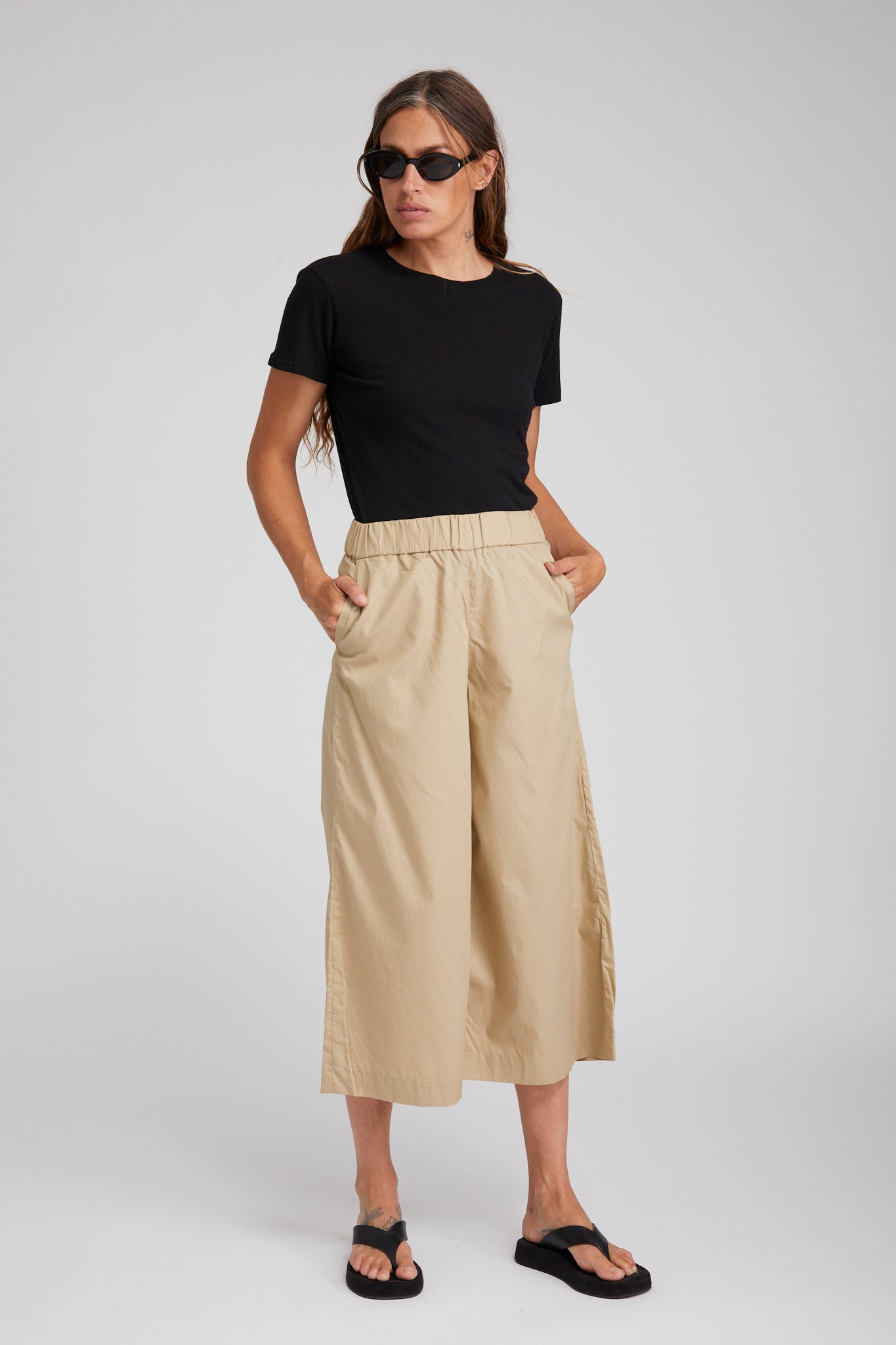 Beige Cotton Poplin Culotte Pants
