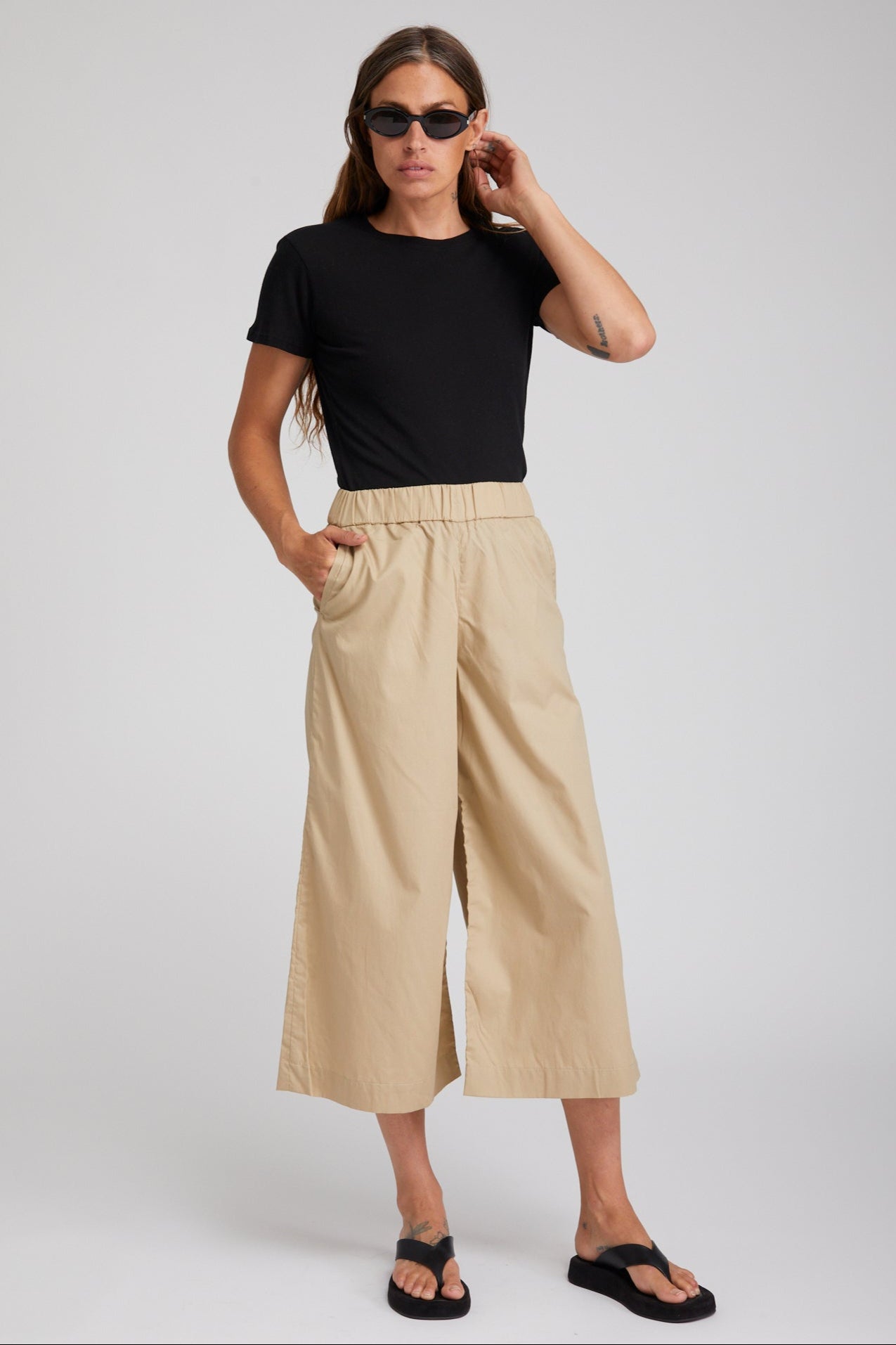 Beige Cotton Poplin Culotte Pants