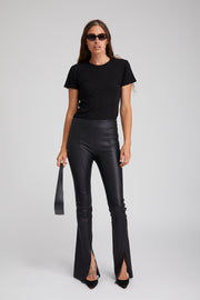 Black Leather Front Slit Micro Flare Pants