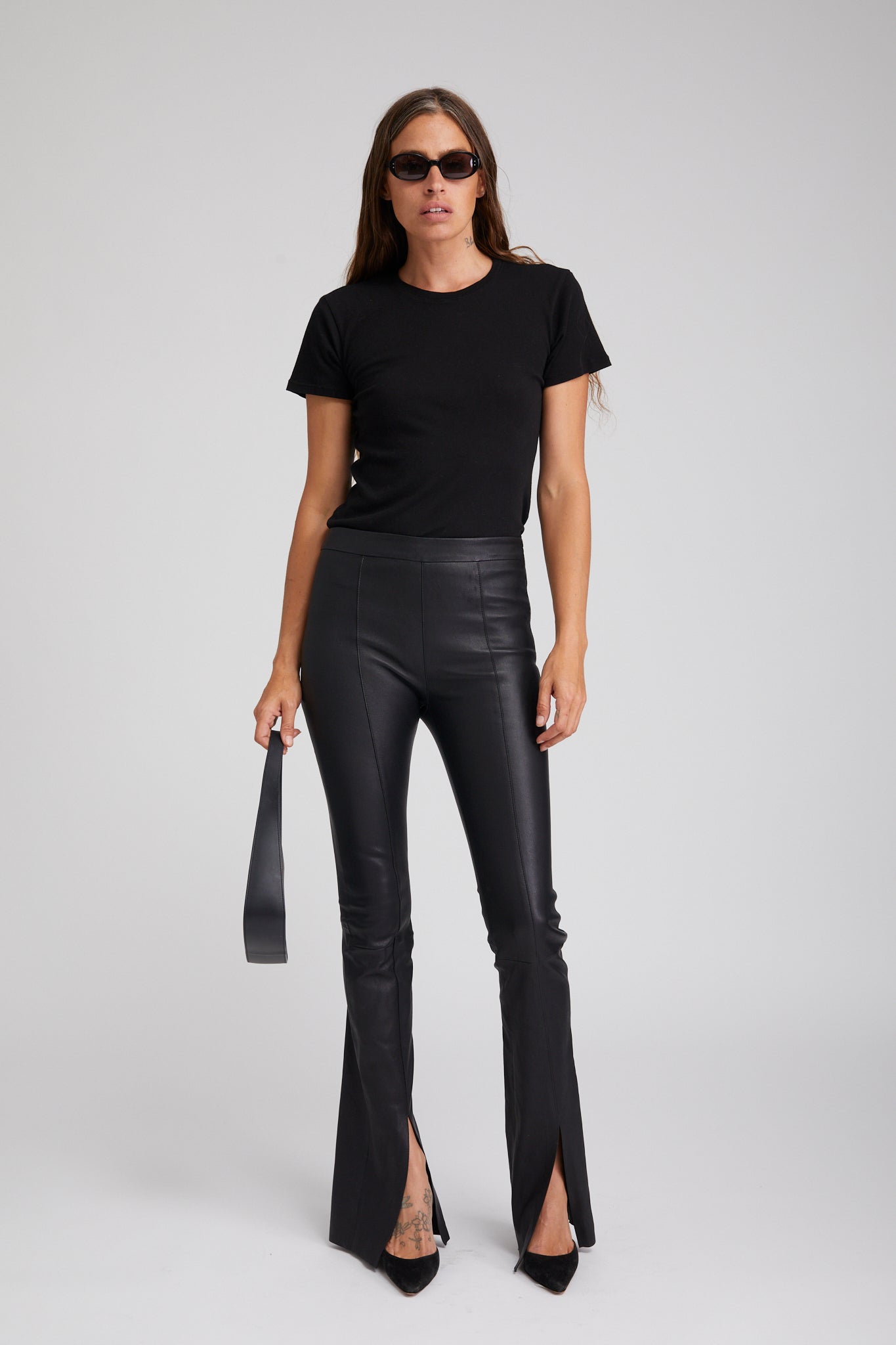 Black Leather Front Slit Micro Flare Pants