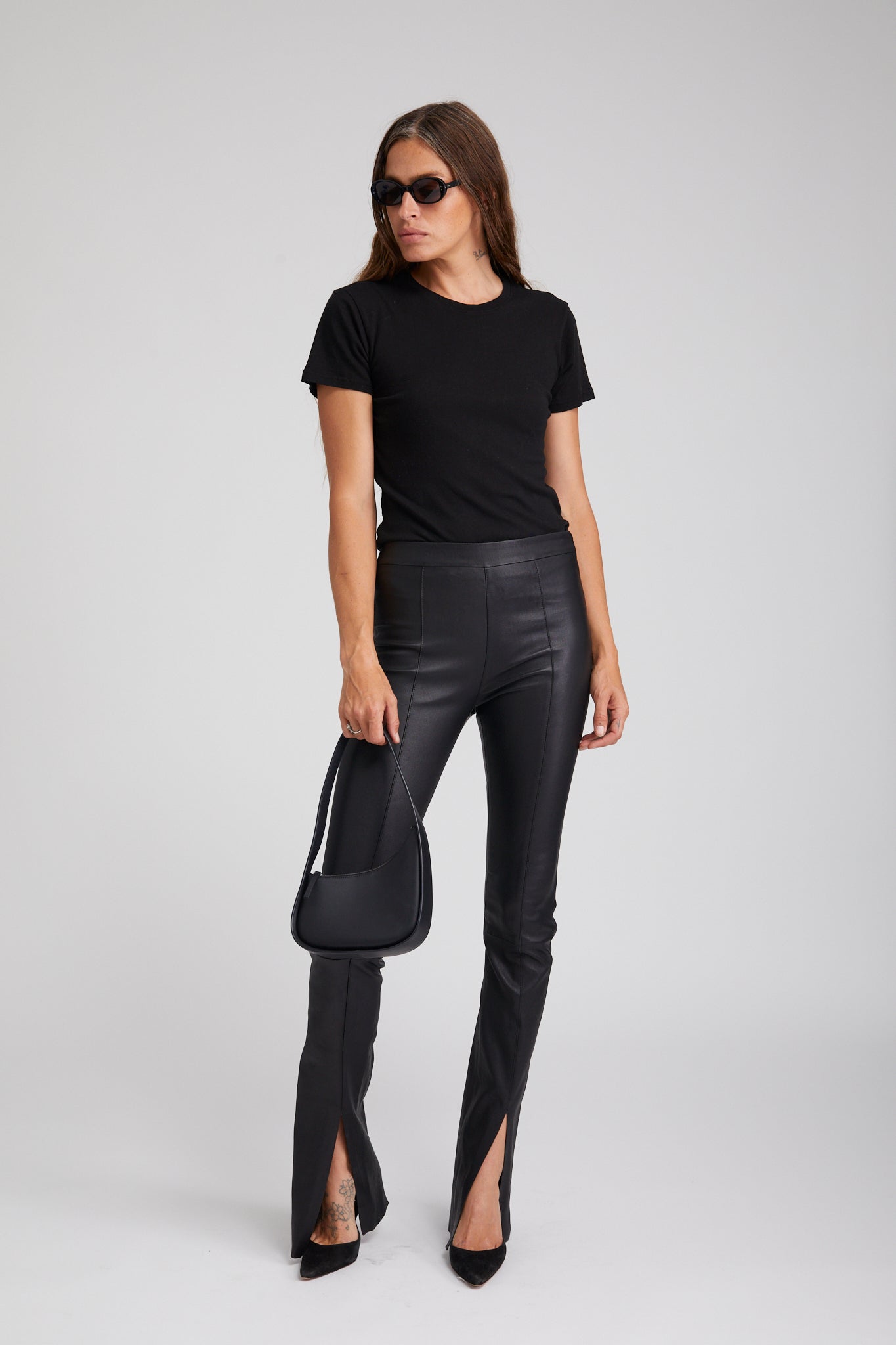 Black Leather Front Slit Micro Flare Pants
