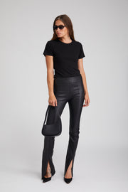 Black Leather Front Slit Micro Flare Pants