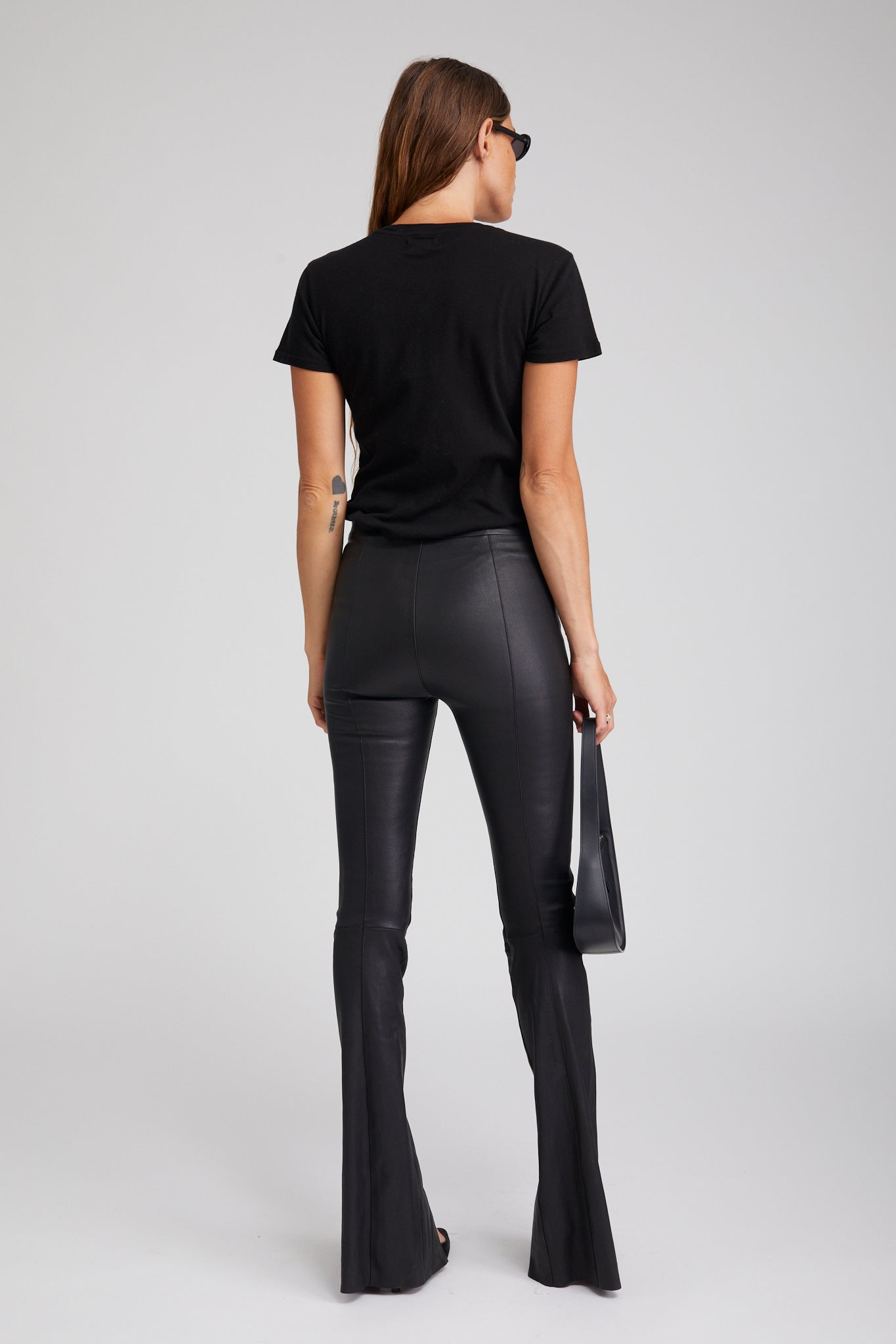 Black Leather Front Slit Micro Flare Pants