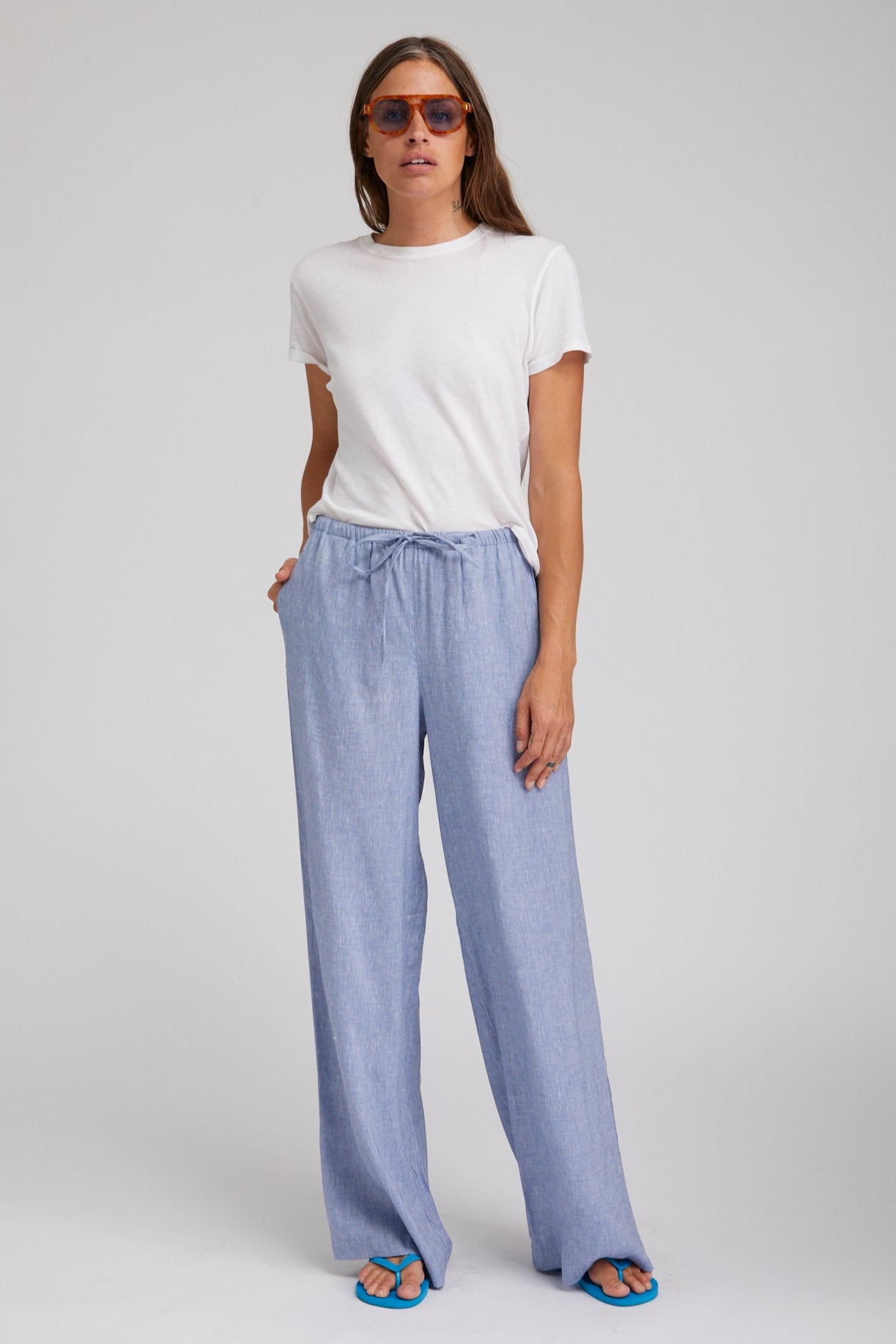 Blue Linen Drawstring Pants