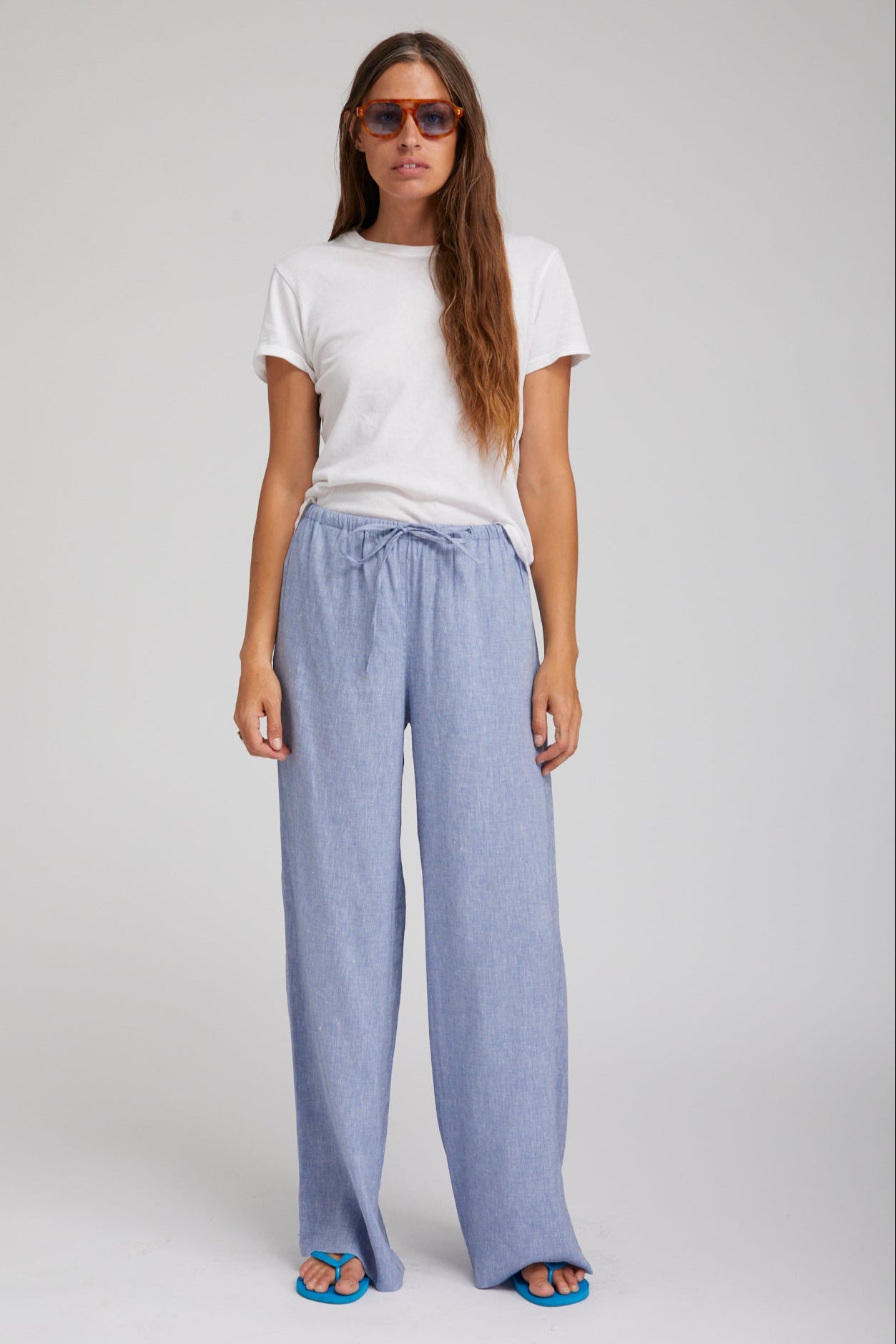 Blue Linen Drawstring Pants