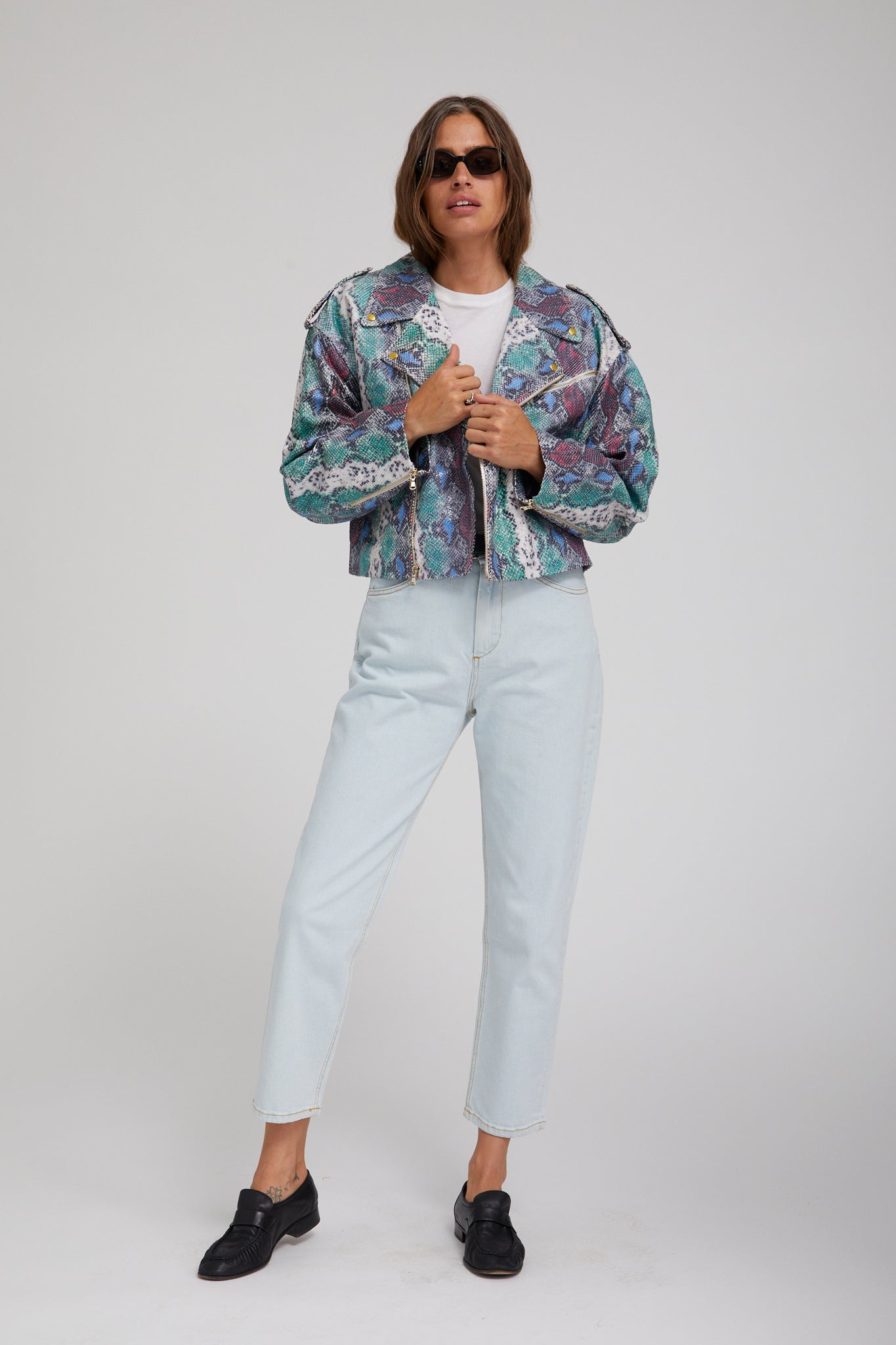 Snake Print Leather Moto Jacket