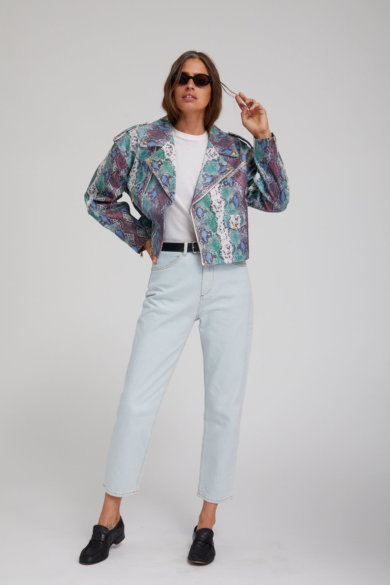 Snake Print Leather Moto Jacket