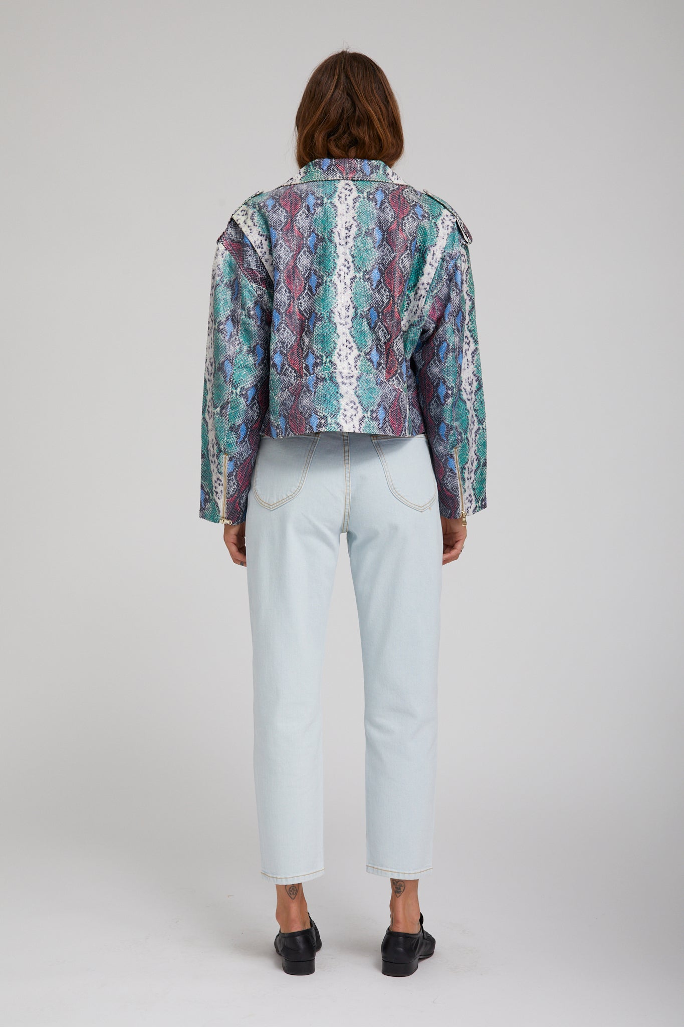 Snake Print Leather Moto Jacket