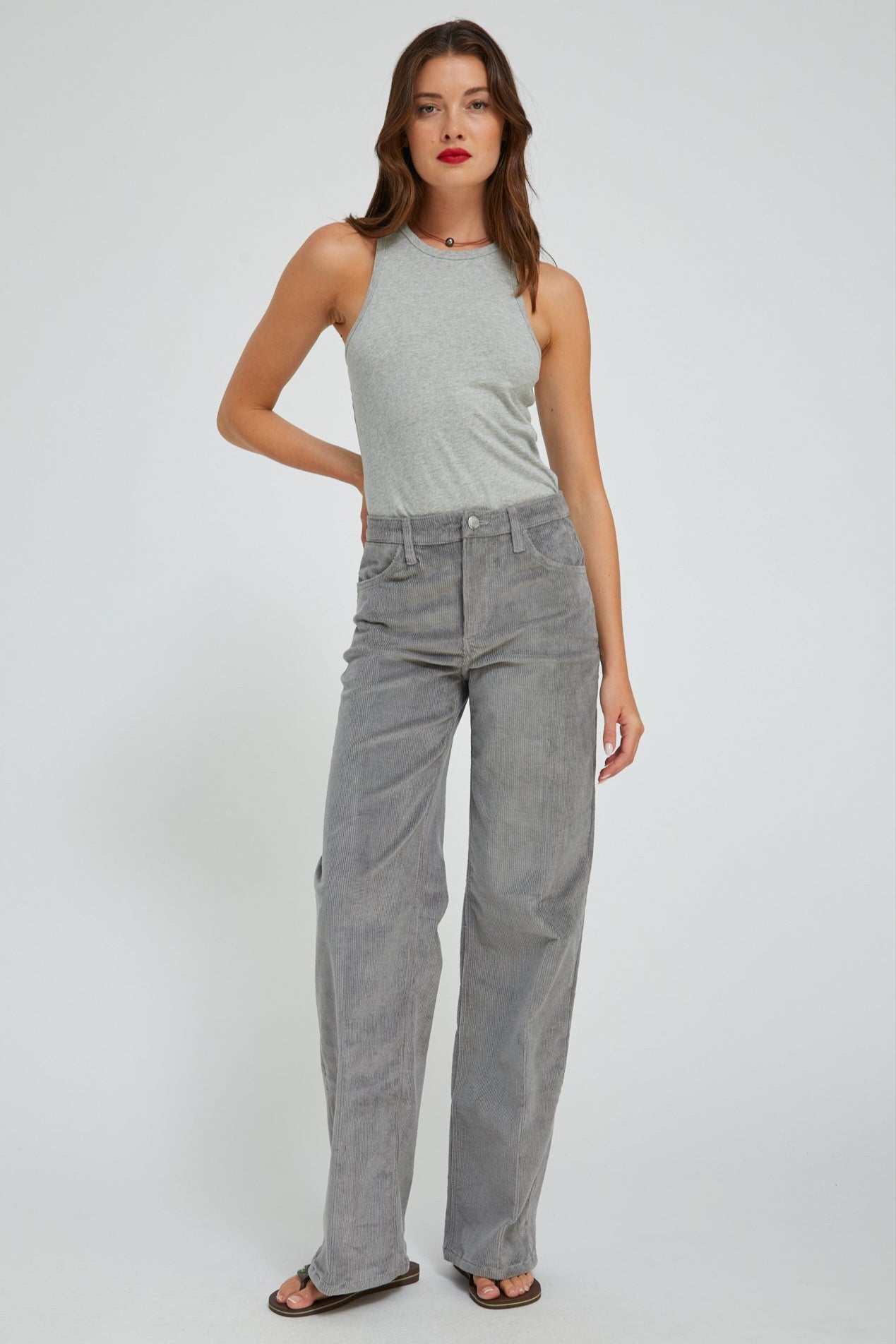 Grey Corduroy Wide Leg Trousers