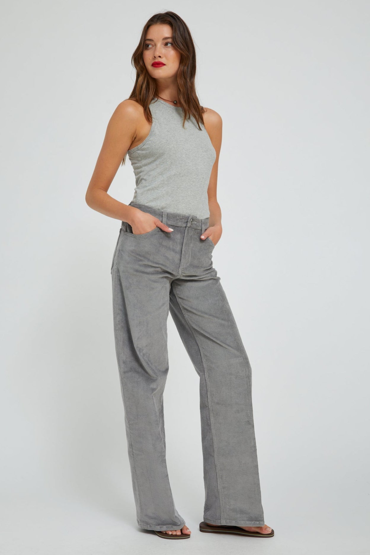 Grey Corduroy Wide Leg Trousers