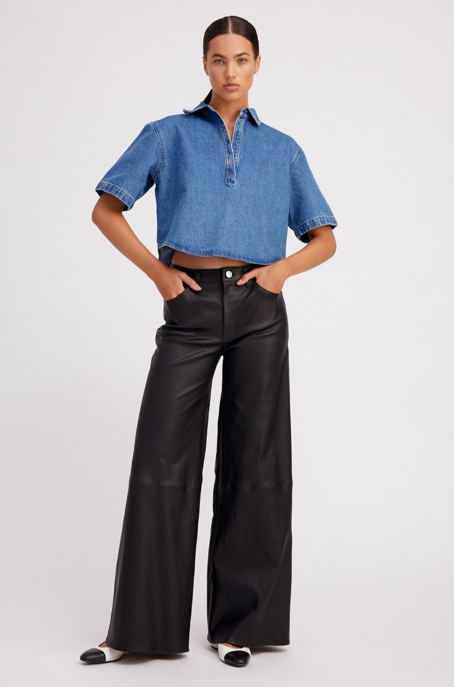 Black Leather 5 Pocket Wide Leg