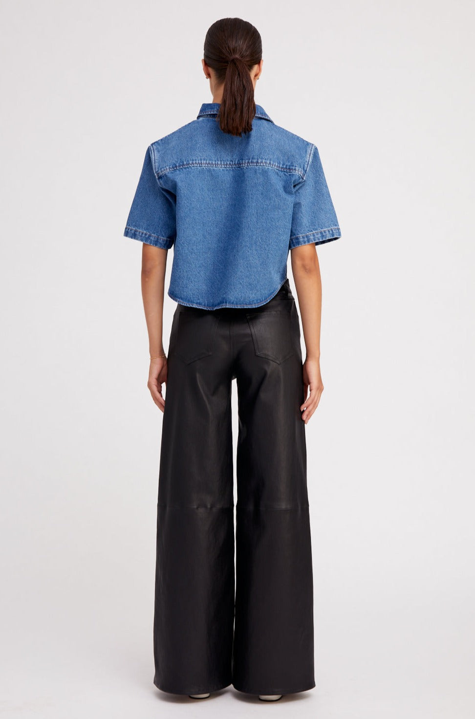 Black Leather 5 Pocket Wide Leg