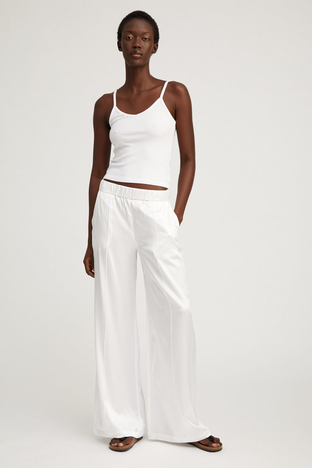 White Silk Wide Leg Pintuck Pants