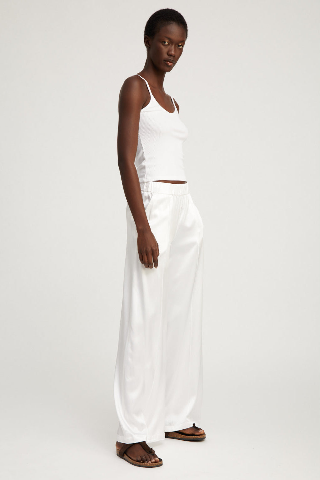 White Silk Wide Leg Pintuck Pants