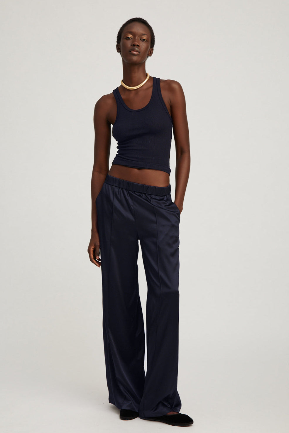 Navy Silk Wide Leg Pintuck Pants