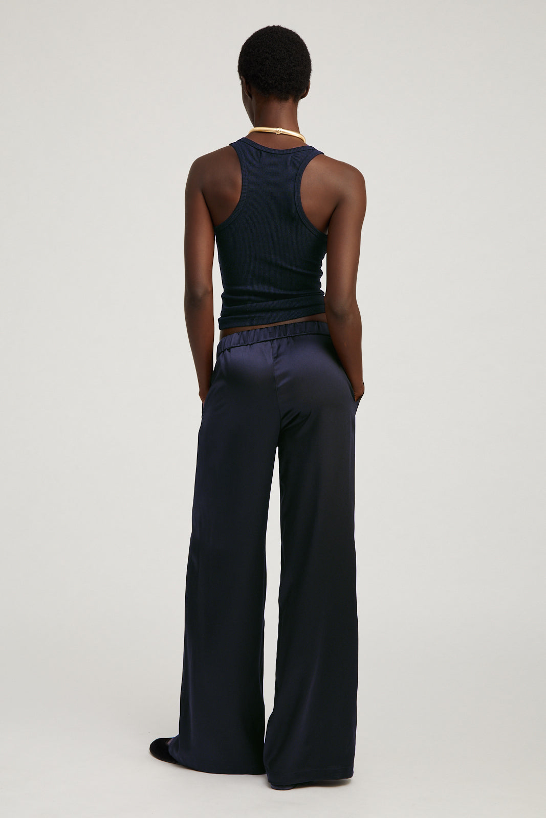 Navy Silk Wide Leg Pintuck Pants