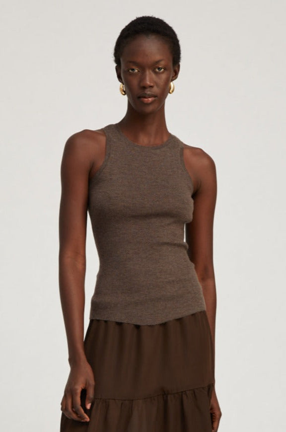 Heather Brown Ultra Fine Cashmere Racer Tank