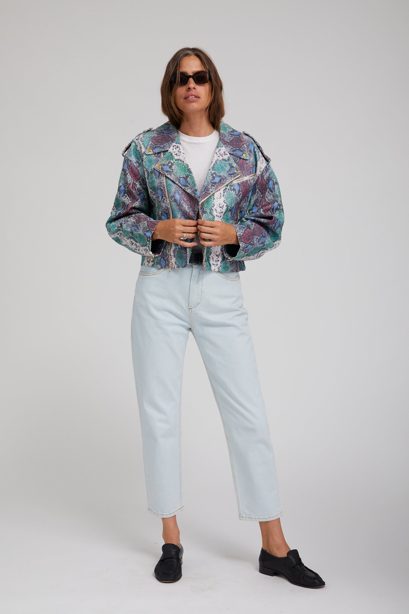 Snake Print Leather Moto Jacket