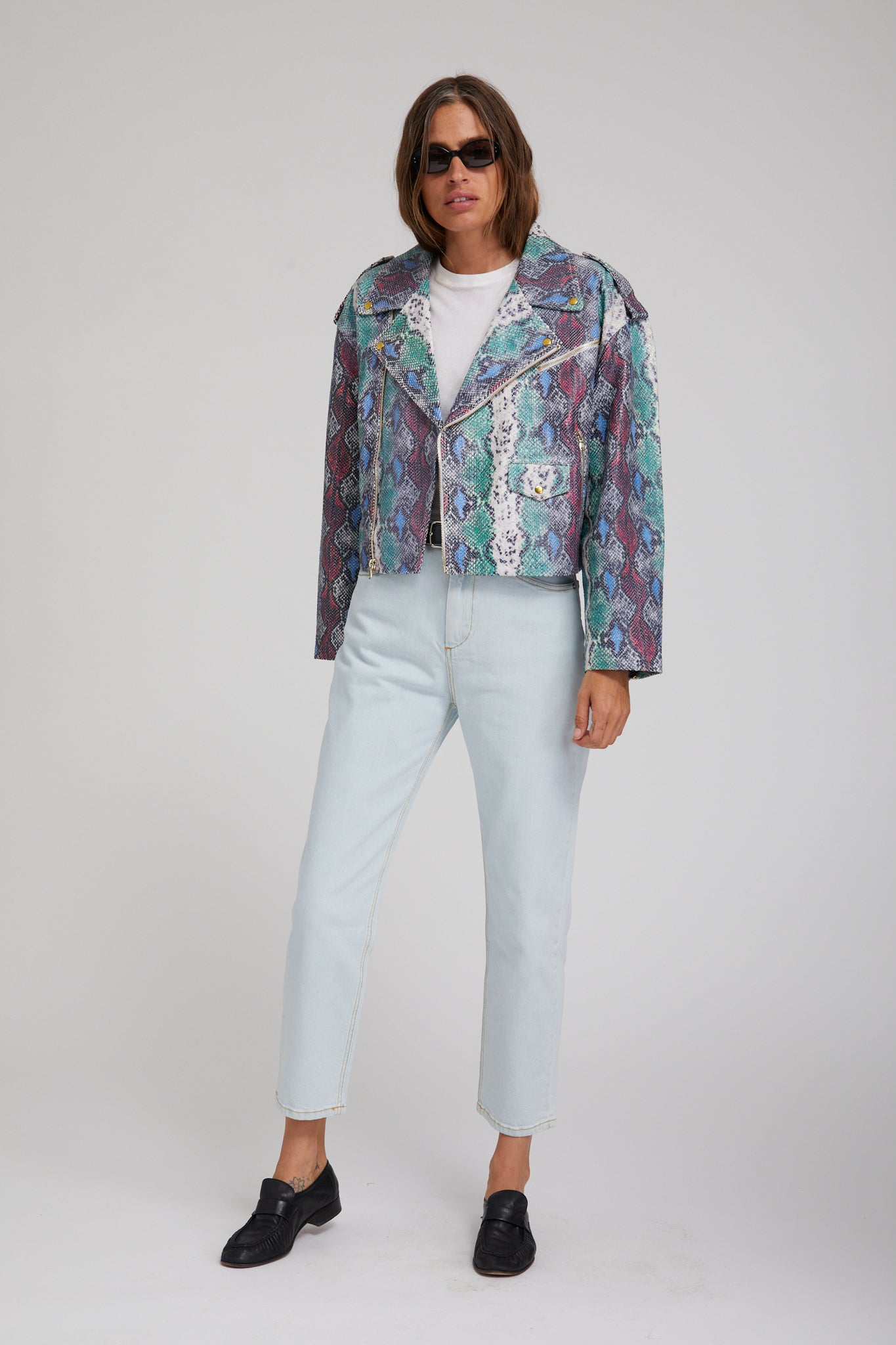 Snake Print Leather Moto Jacket