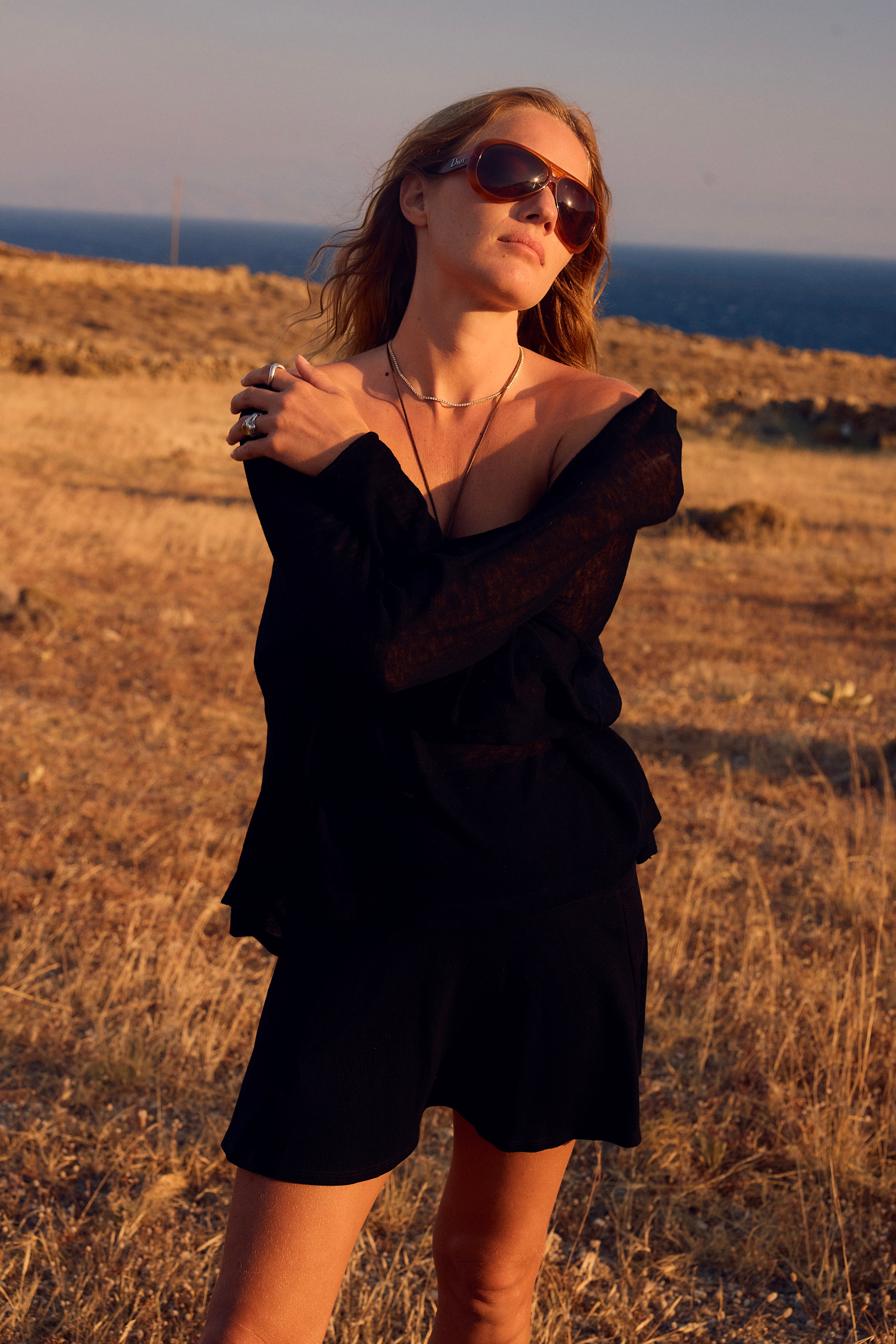 Black Tissue Cashmere Off-Shoulder Top