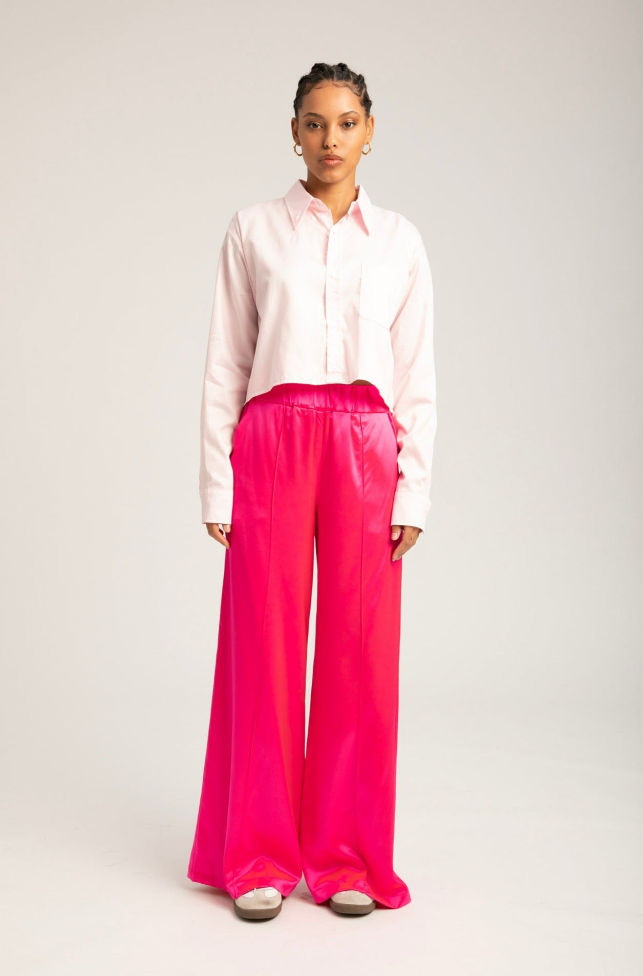 Baby Pink Pintuck Detail Flared Pants