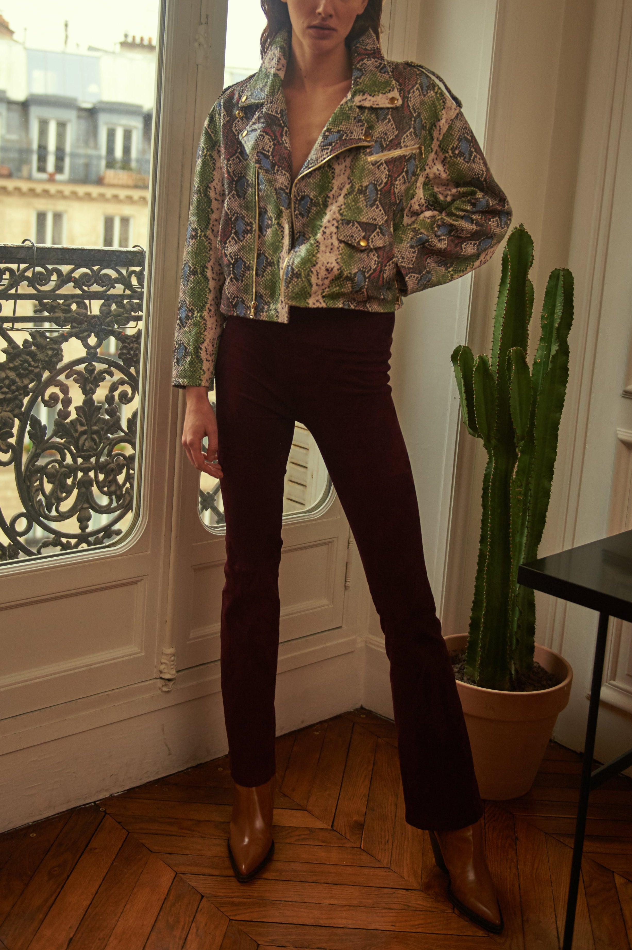 Snake Print Leather Moto Jacket