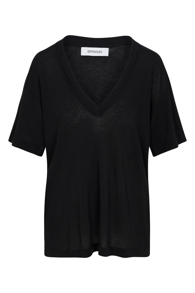 Black Cotton V-Neck Tee