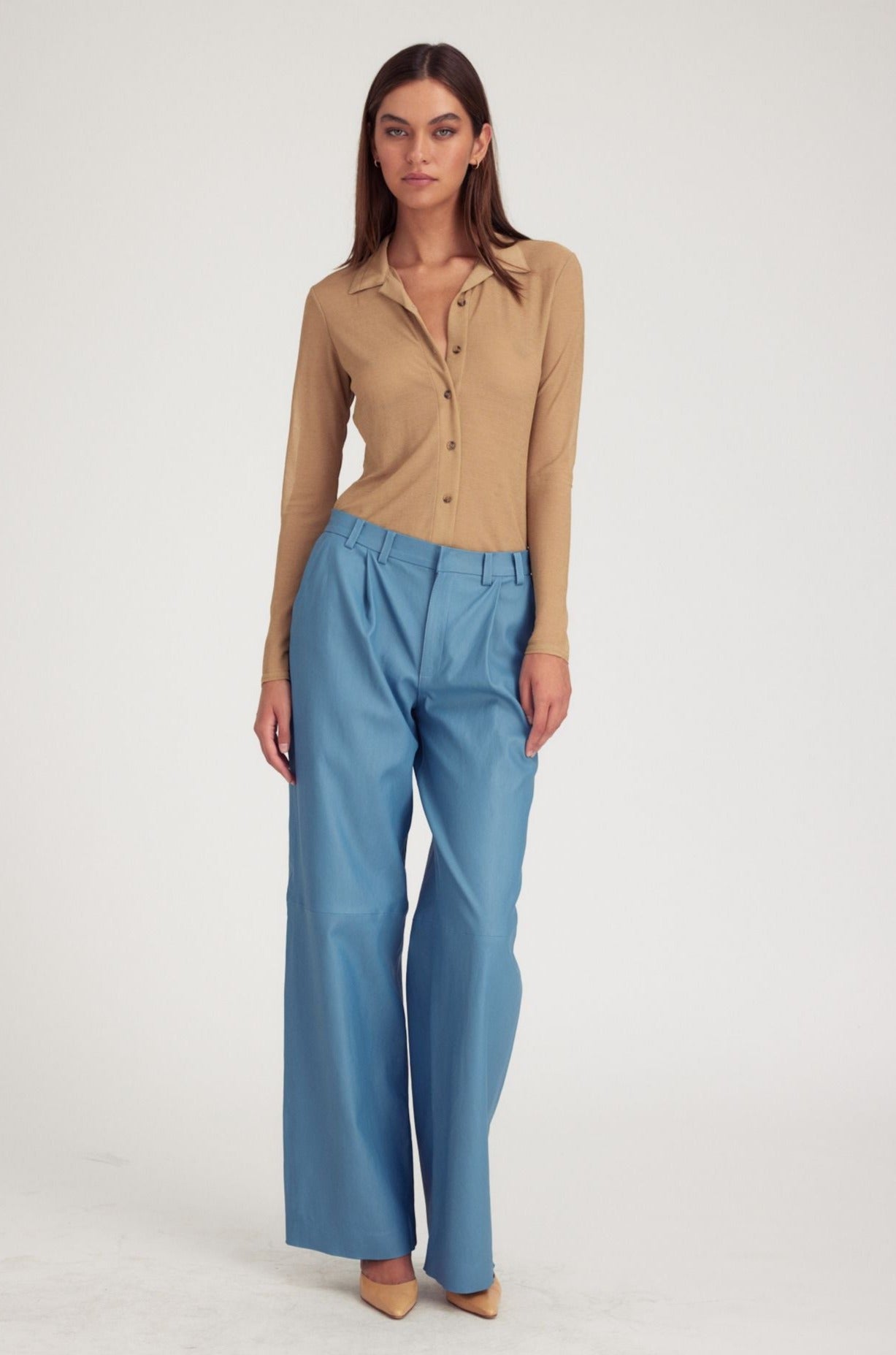 Chambray Blue Leather Pleated Trousers
