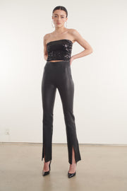 Black Leather Front Slit Micro Flare Pants