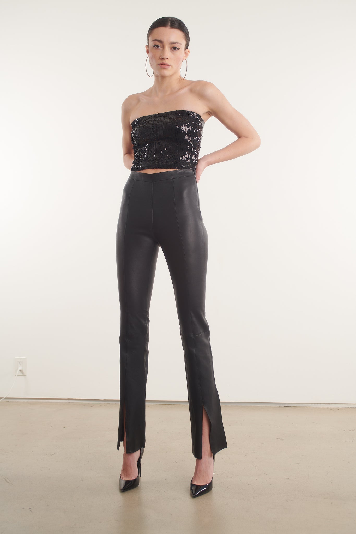 Black Leather Front Slit Micro Flare Pants