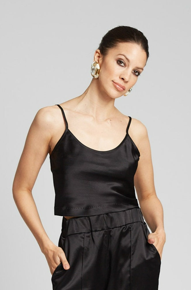 SPRWMN Black Silk Cropped Cami Tank - Womens Tank Tops