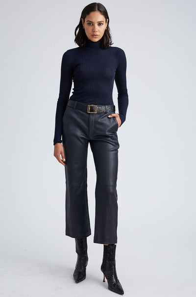 Navy Leather Cropped Trousers