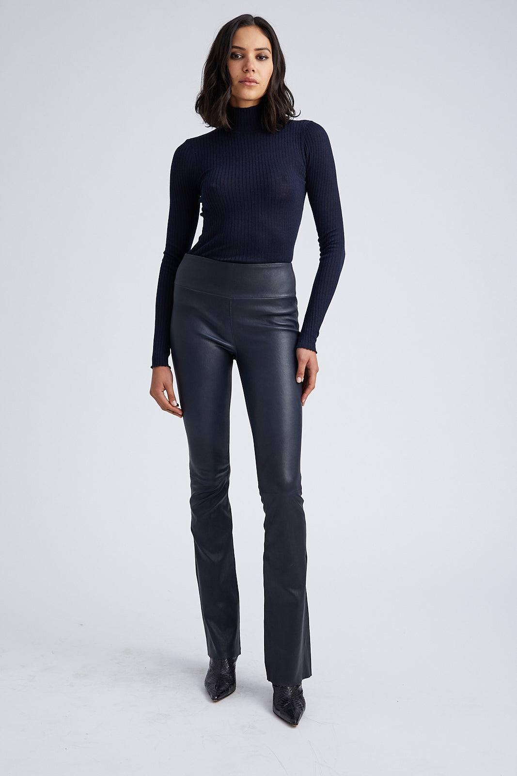 Navy Leather Micro Flare Pants