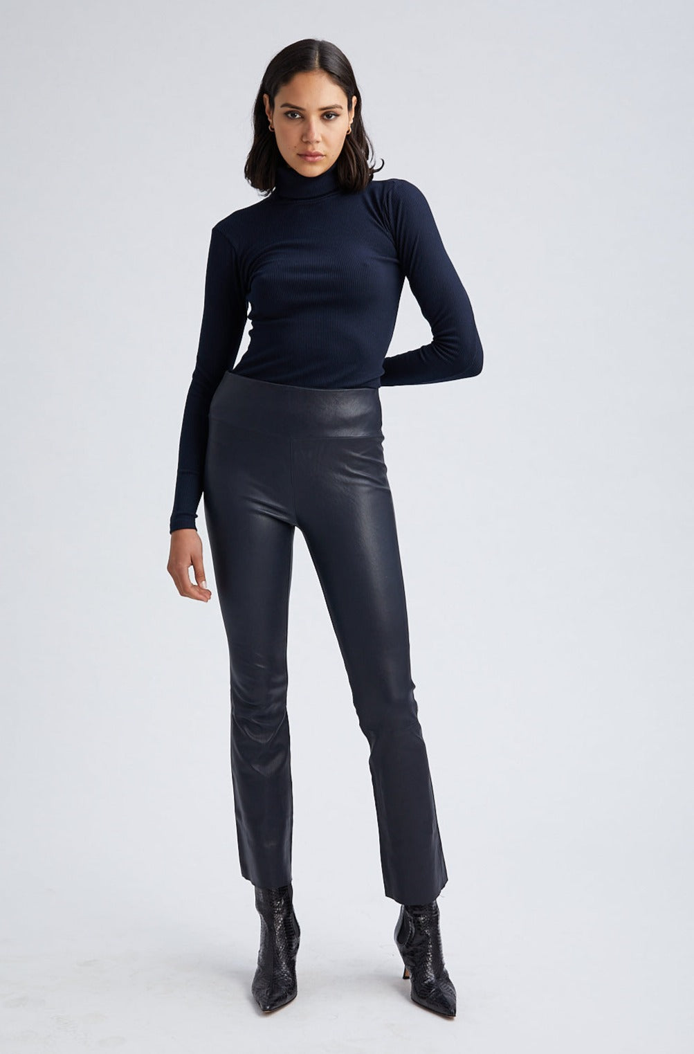 Navy Leather Ankle Flare Leggings