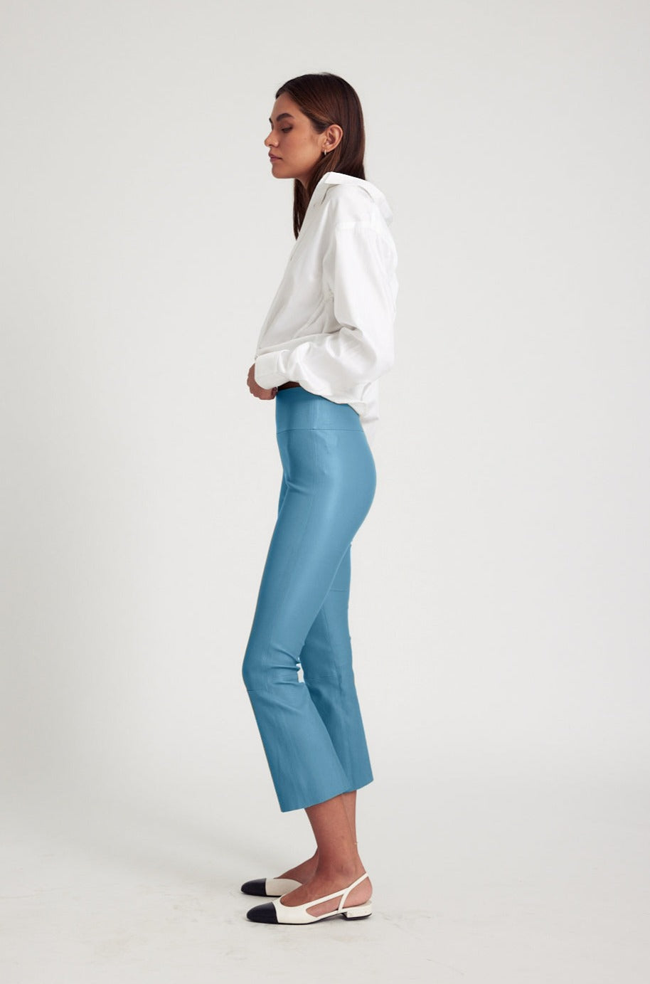 Chambray Blue Leather Crop Flare Leggings