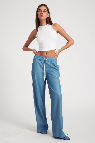 Chambray Blue Leather Athletic Drawstring Pants