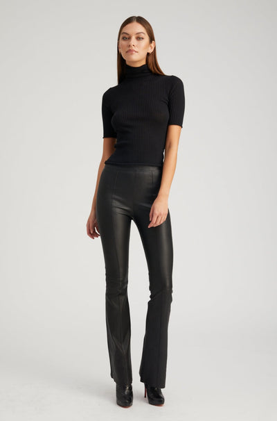 Black Leather Ankle Flare Pants with Princess Seams