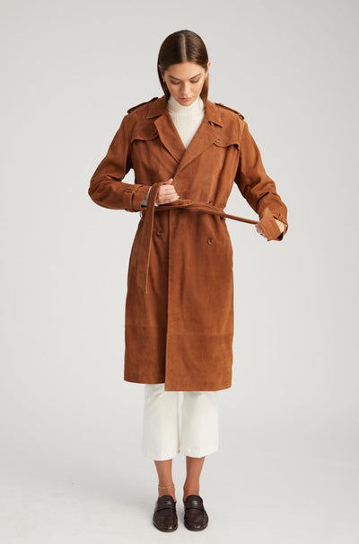 Dark Cognac Suede Trench Coat