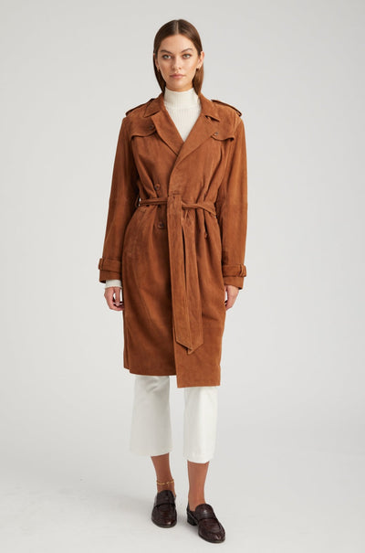 Dark Cognac Suede Trench Coat