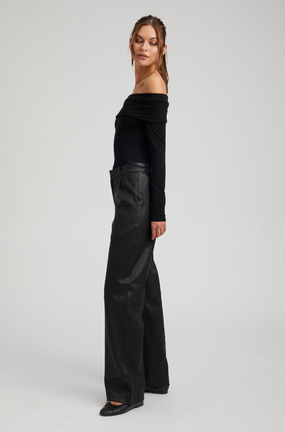 Black Leather Straight Leg Trousers