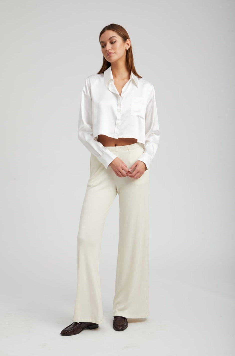 Ivory Silk Cropped Button Down