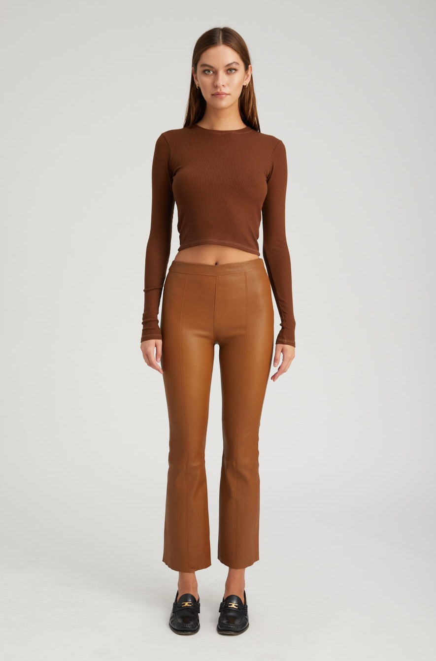 Walnut Leather Ankle Flare Pants with Princess Seams