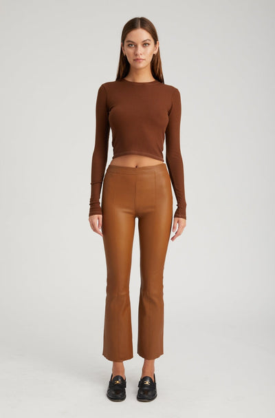 Walnut Leather Ankle Flare Pants with Princess Seams