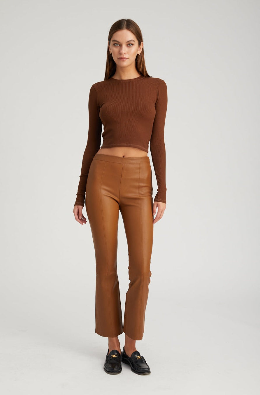 Walnut Leather Ankle Flare Pants with Princess Seams