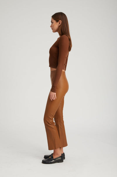 Walnut Leather Ankle Flare Pants with Princess Seams