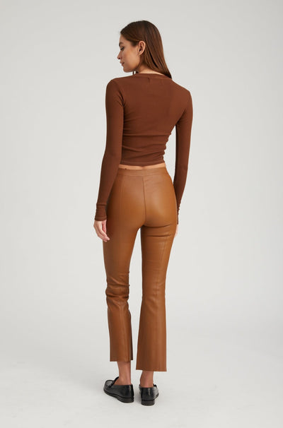 Walnut Leather Ankle Flare Pants with Princess Seams