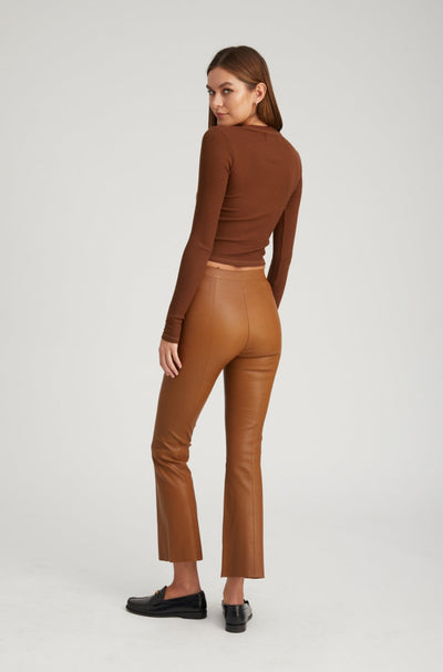 Walnut Leather Ankle Flare Pants with Princess Seams